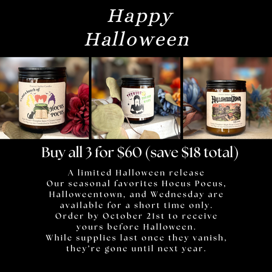 Halloween Promo Hocus Pocus, Wednesday and Halloweentown 7oz candles