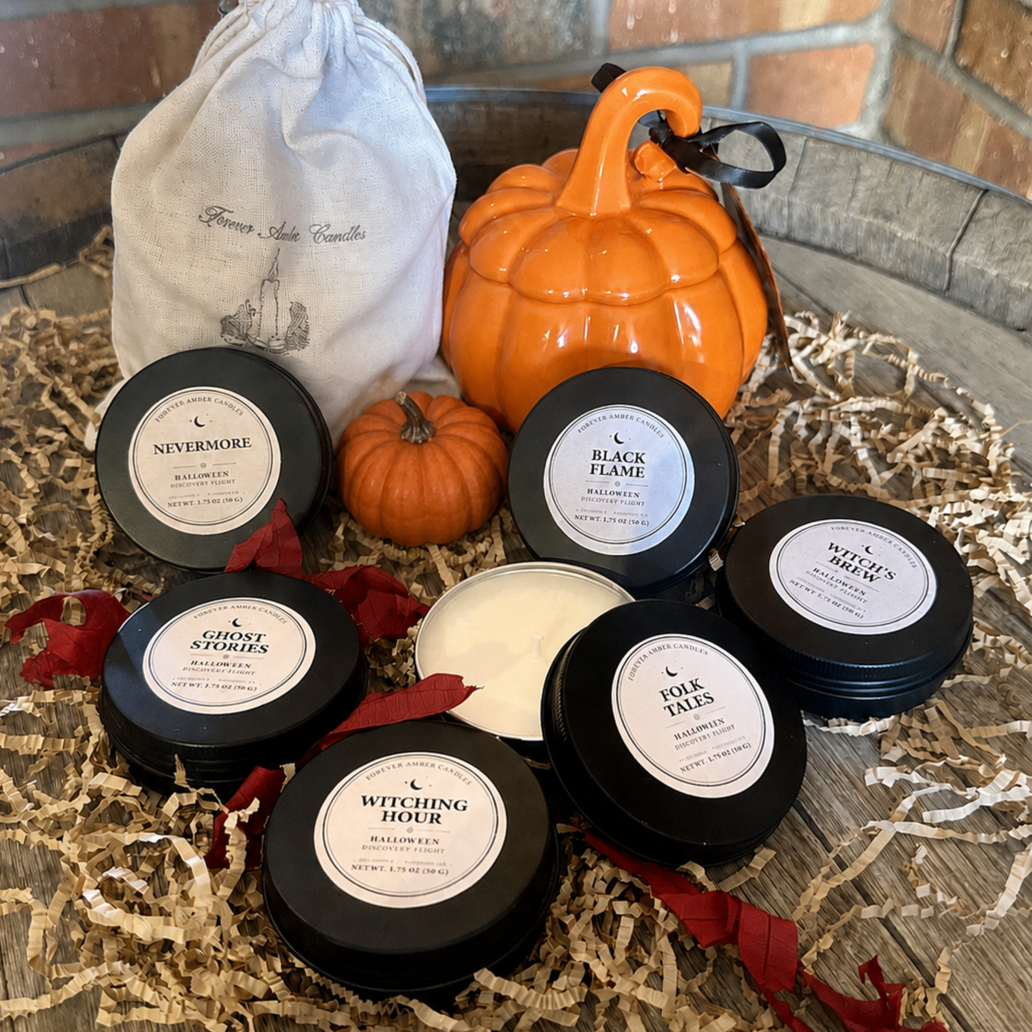 Halloween Discovery Flight with six mini candles and drawstring bag by Forever Amber Candles